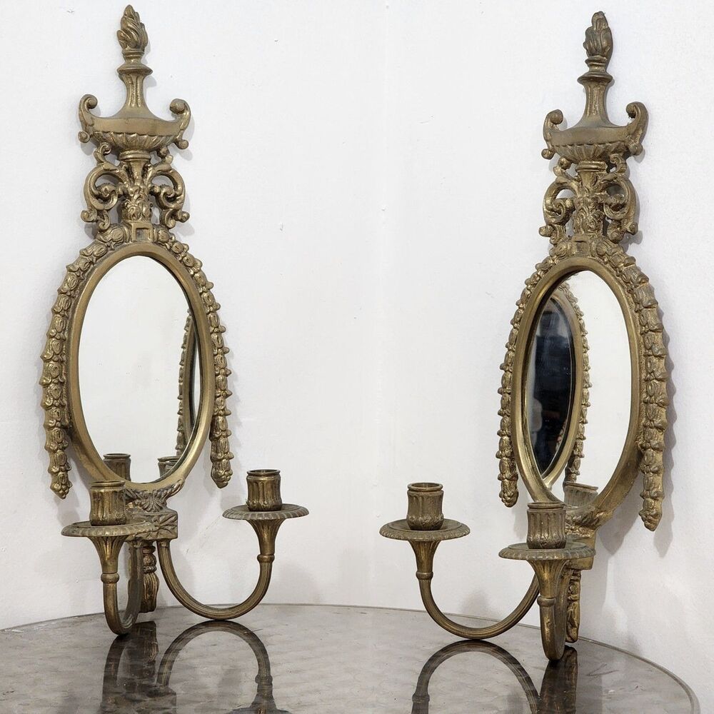 Vtg Maitland-Smith Mirrored Wall Sconces Pair Brass Bronze Vintage Candle Holder